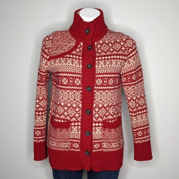 Eddie Bauer red cream fair isle button up wool blend cardigan sweater M - Picture 1 of 7